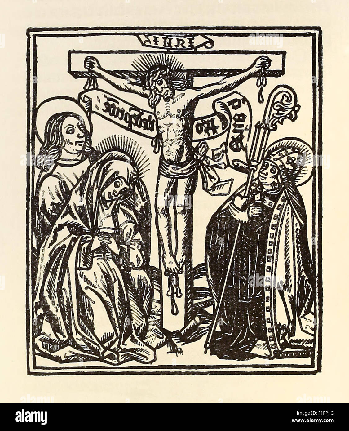 Crucifixion of Christ, woodcut from 1504, last page from  'Calcoen' published in Antwerp, Belgium in 1504; an account of  Vasco da Gama's second voyage to India printed in Flemish. See description for more information. Stock Photo