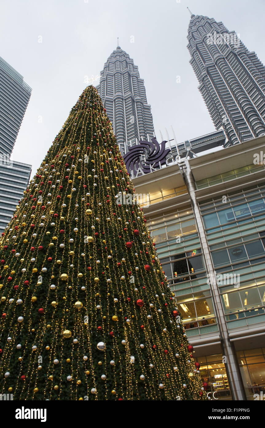 giant Christmas tree in front of Petronas Twin Towers, Malaysia Stock