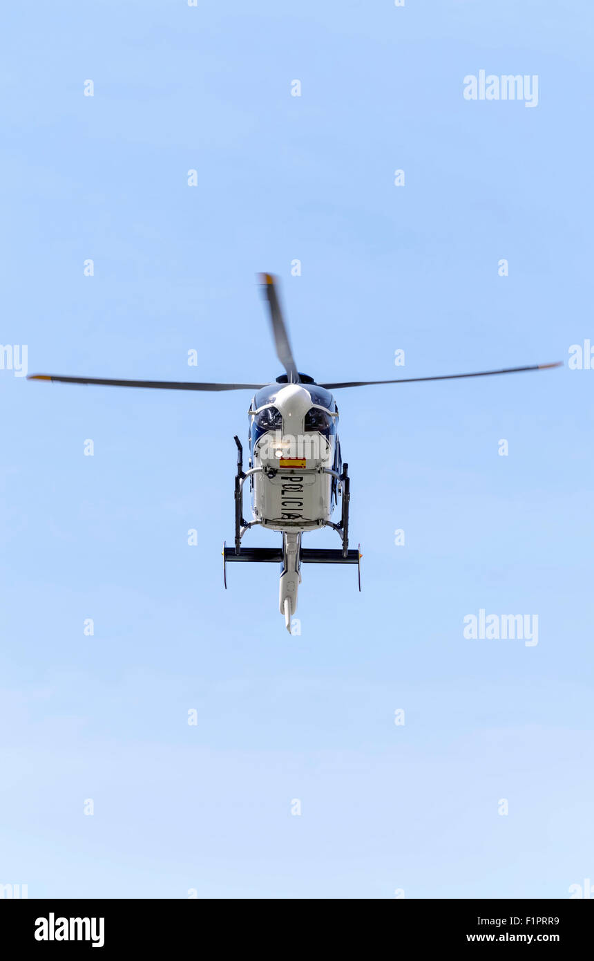 Front view. Helicopter, of spanish police is landing, after their