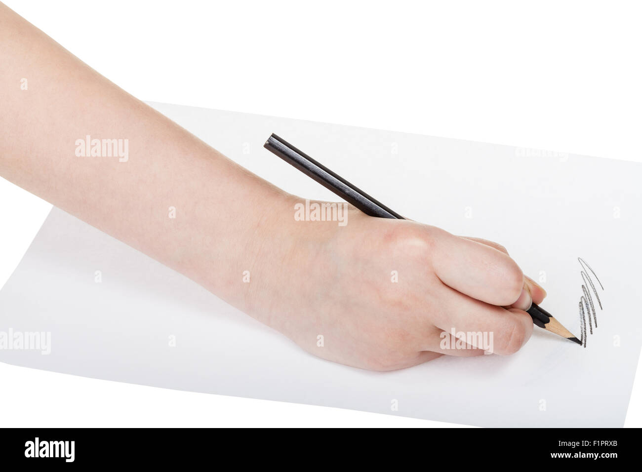 hand writes by black pencil on sheet of paper isolated on white ...