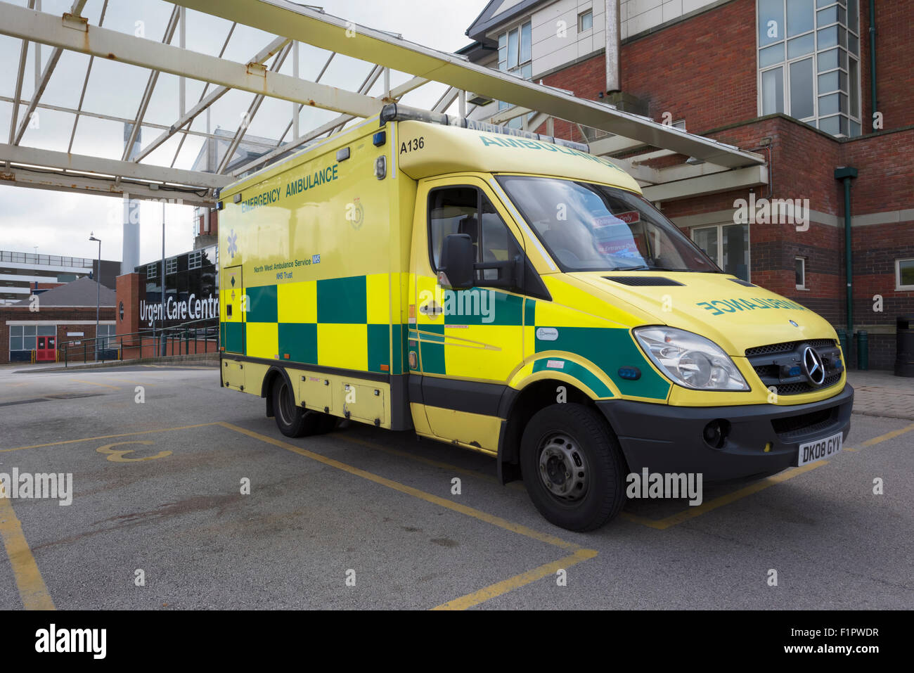 Emergency ambulance outside the A&E Entrance of Blackpool Victoria Hospital in Blackpool, Lancashire Stock Photo