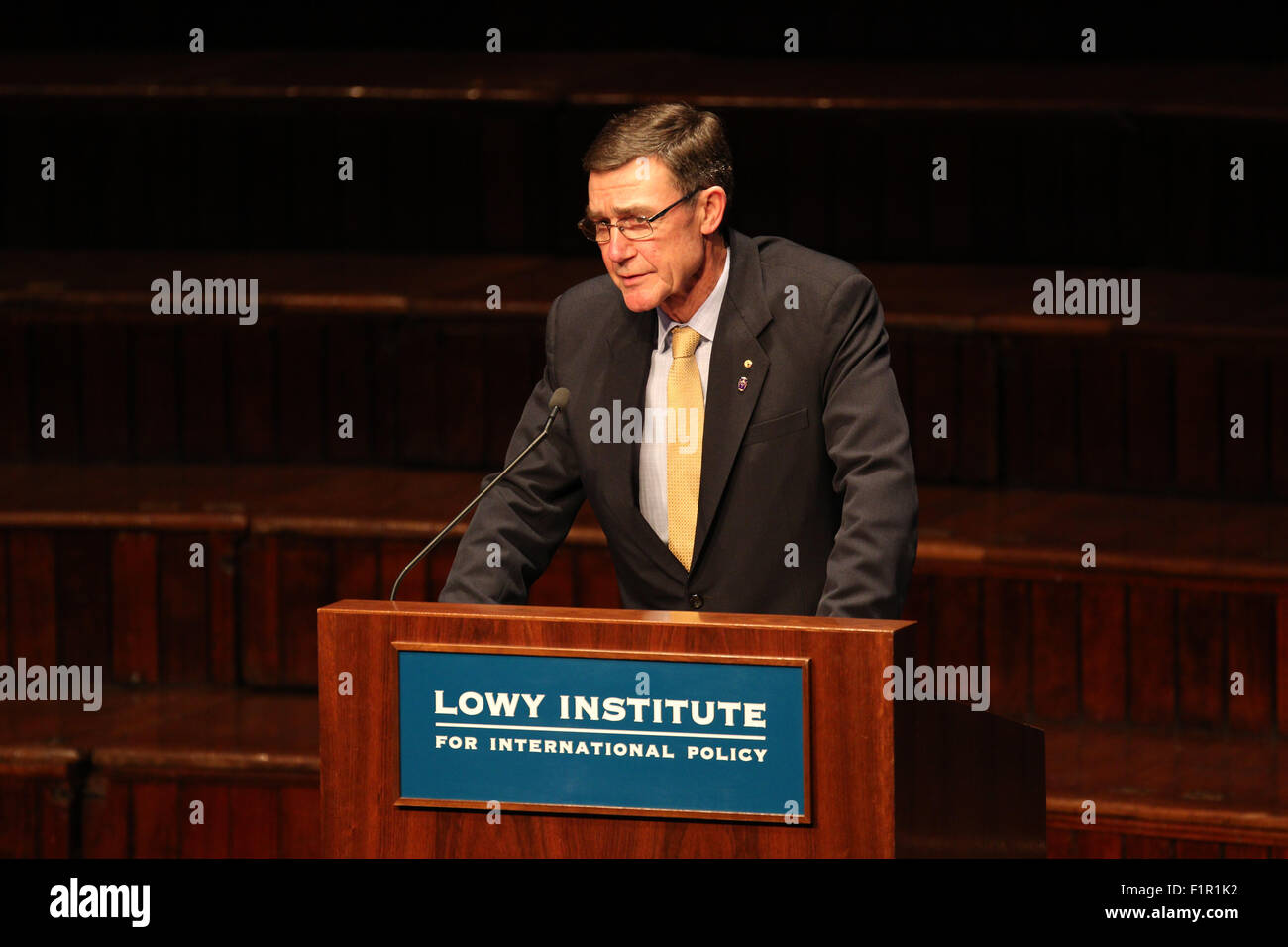 Air Chief Marshal (Retd) Sir Allan Grant 'Angus' Houston thanks General (Retd) David Petraeus for delivering the Lowy Lecture. Stock Photo