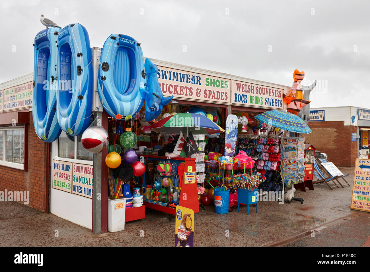 seaside souvenir gift shop on a cold rainy overcast british summer north wales uk Stock Photo