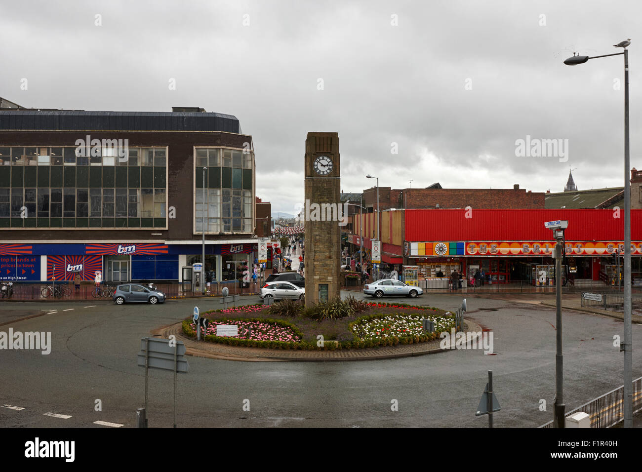 rhyl clock tower on a cold wet british summer day north wales uk Stock Photo