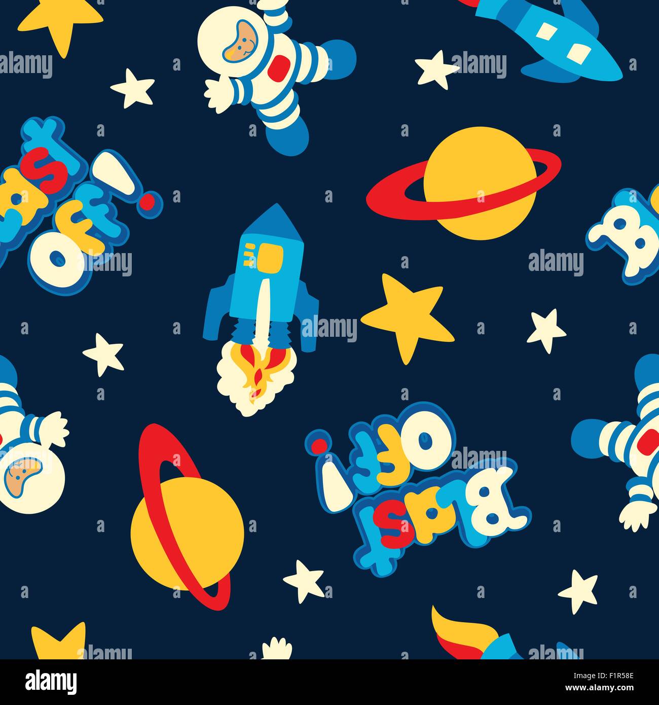 Blast off with rockets and spaceman in a seamless pattern. Stock Vector