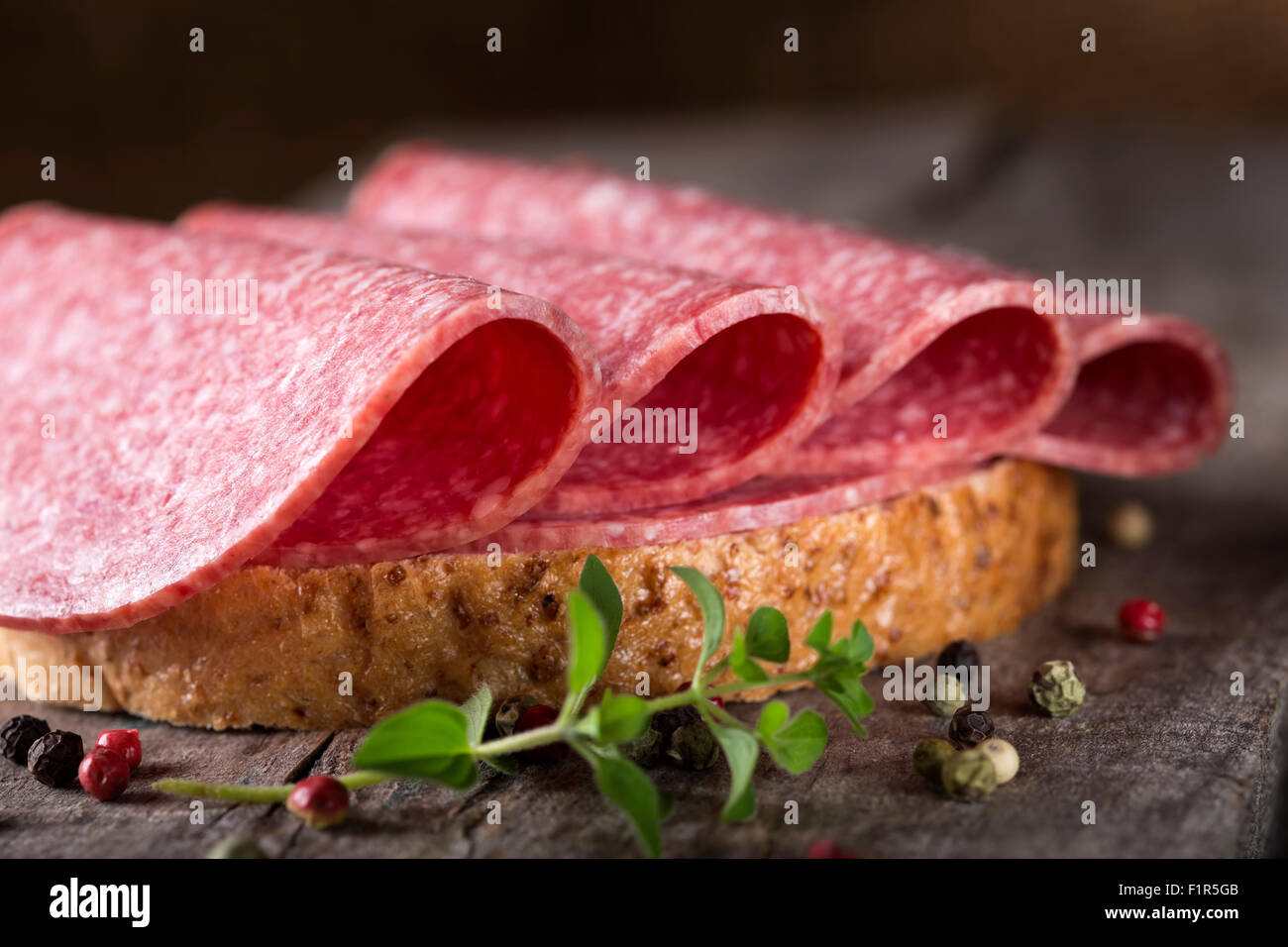Salami sandwich. Open sandwich of salami slices on whole grain bread