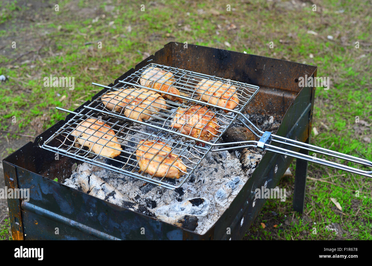 Barbecue chicken over an open fire in summer Stock Photo Alamy