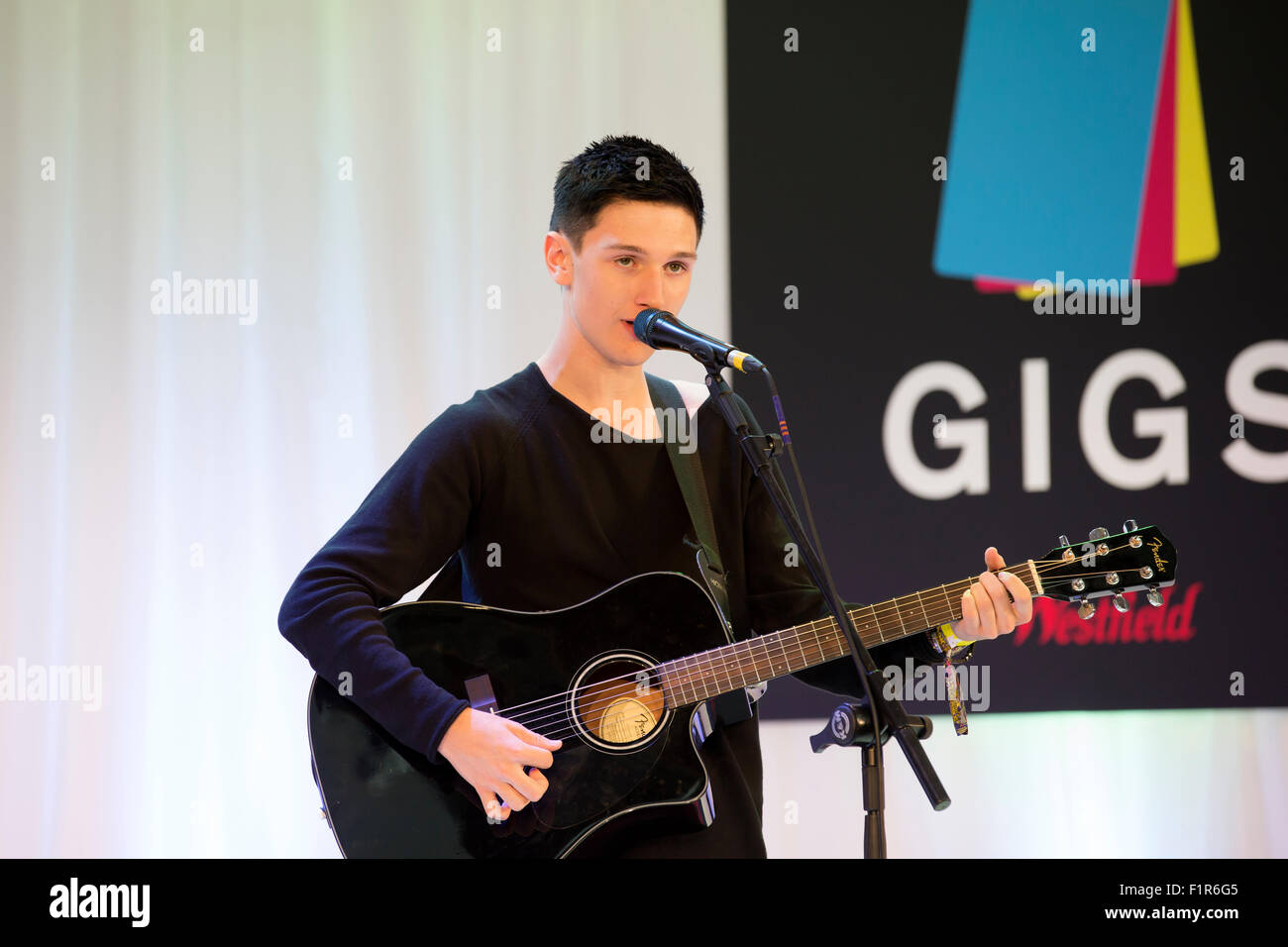 Stratford, UK. 6th September, 2015.Ethan Smith plays at the Gigs Grand Final, the UK's biggest street music competition, which is organised by the Mayor of London, takes place in Westfield Stratford city shopping centre Credit:  Keith Larby/Alamy Live News Stock Photo