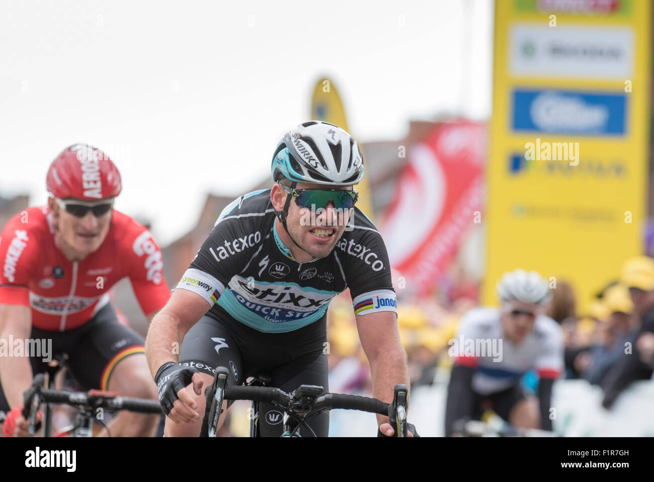 London, UK. 6th September, 2015. Mark Cavendish (Etixx Quickstep) reacts following his second place finish on stage one of the Aviva Tour of Britain between Beaumaris and Wrexham, United Kingdom on 6 September 2015. The race starts on 6 September in Beaumaris, Anglesey, and ends on 13 August in London, United Kingdom. Credit:  Andrew Peat/Alamy Live News Stock Photo
