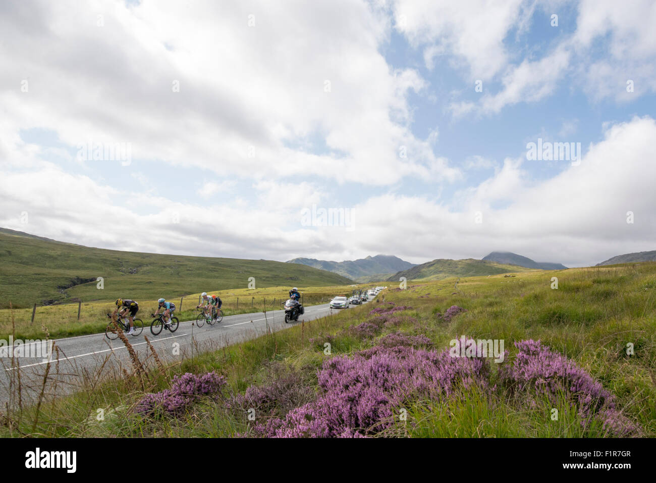 London, UK. 6th September, 2015. The four man breakaway heads through Snowdonia on stage one of the Aviva Tour of Britain between Beaumaris and Wrexham, United Kingdom on 6 September 2015. The race starts on 6 September in Beaumaris, Anglesey, and ends on 13 August in London, United Kingdom. Credit:  Andrew Peat/Alamy Live News Stock Photo