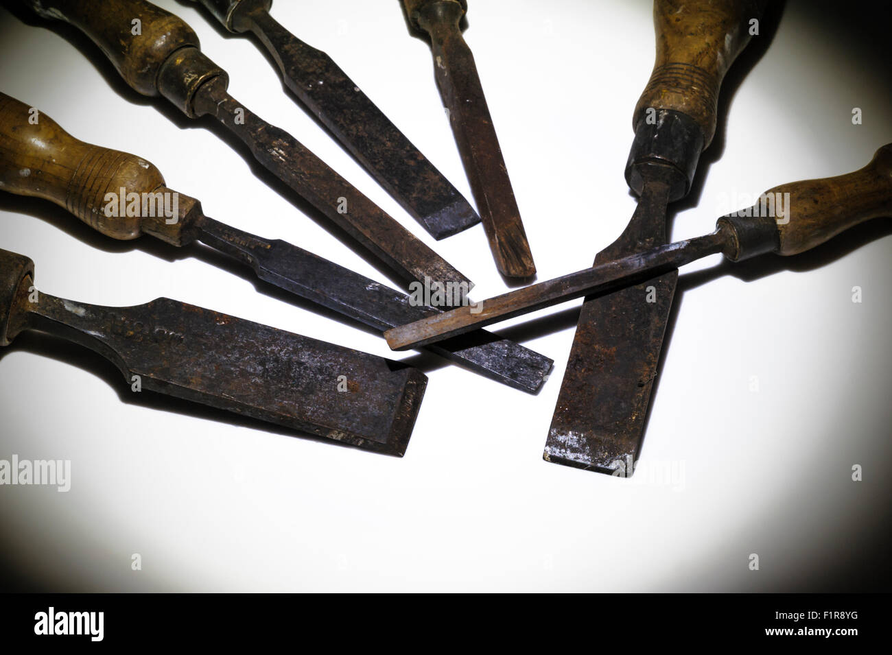 Three Antique Woodworking Chisels Isolated On Wooden Bench Grunge Surface  Stock Photo - Download Image Now - iStock