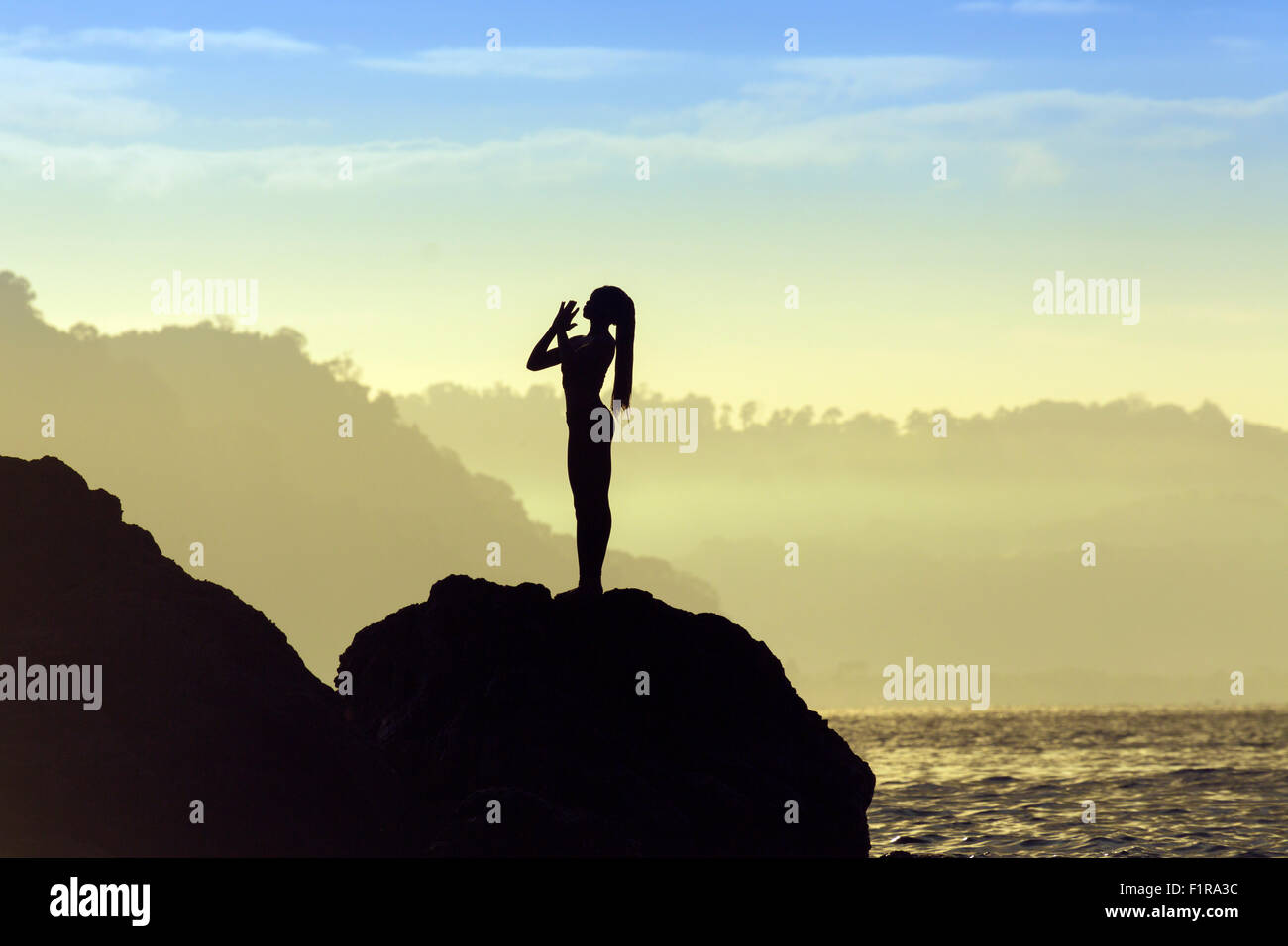 A beautiful young woman practising yoga by the ocean Stock Photo