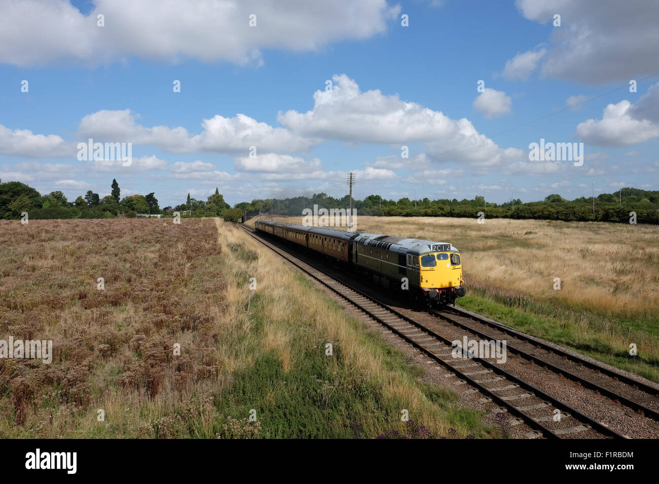 Vintage diesel train leaving Loughborough during the great central railway diesel gala Stock Photo