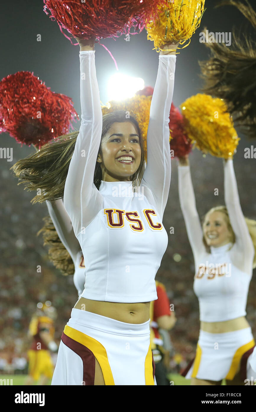 Los Angeles, CA, I.E. USA. 5th Sep, 2015. September 5, 2015: A USC cheerleader celebrates a USC touchdown in the game between the Arkansas State Red Wolves and the USC Trojans, The Coliseum in Los Angeles, CA. Photographer: Peter Joneleit for Zuma Wire Service © Peter Joneleit/ZUMA Wire/Alamy Live News Stock Photo