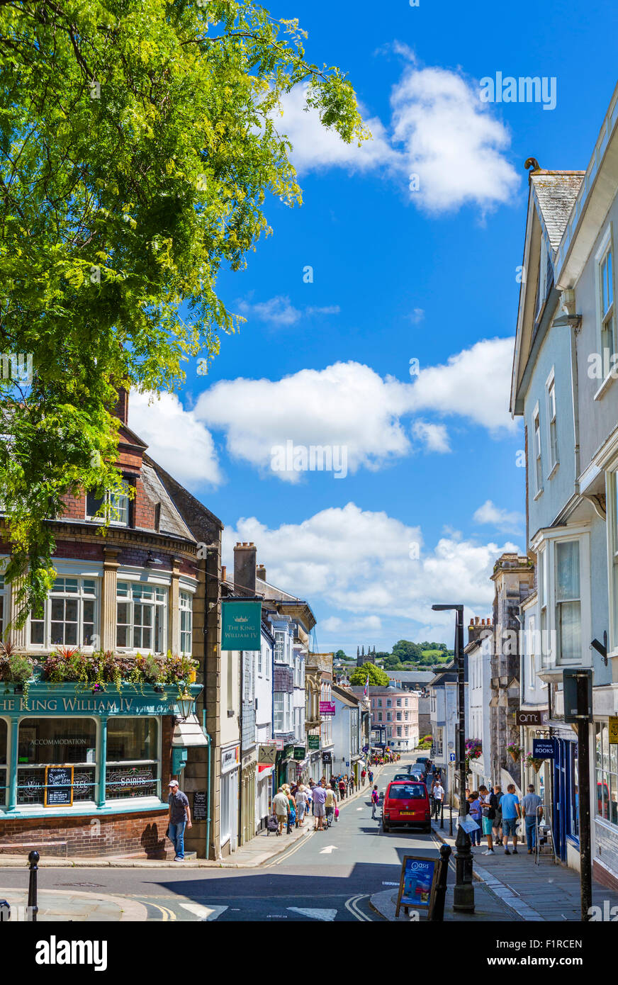 Shops on Fore Street in the town centre, Totnes, Devon, England, UK Stock Photo