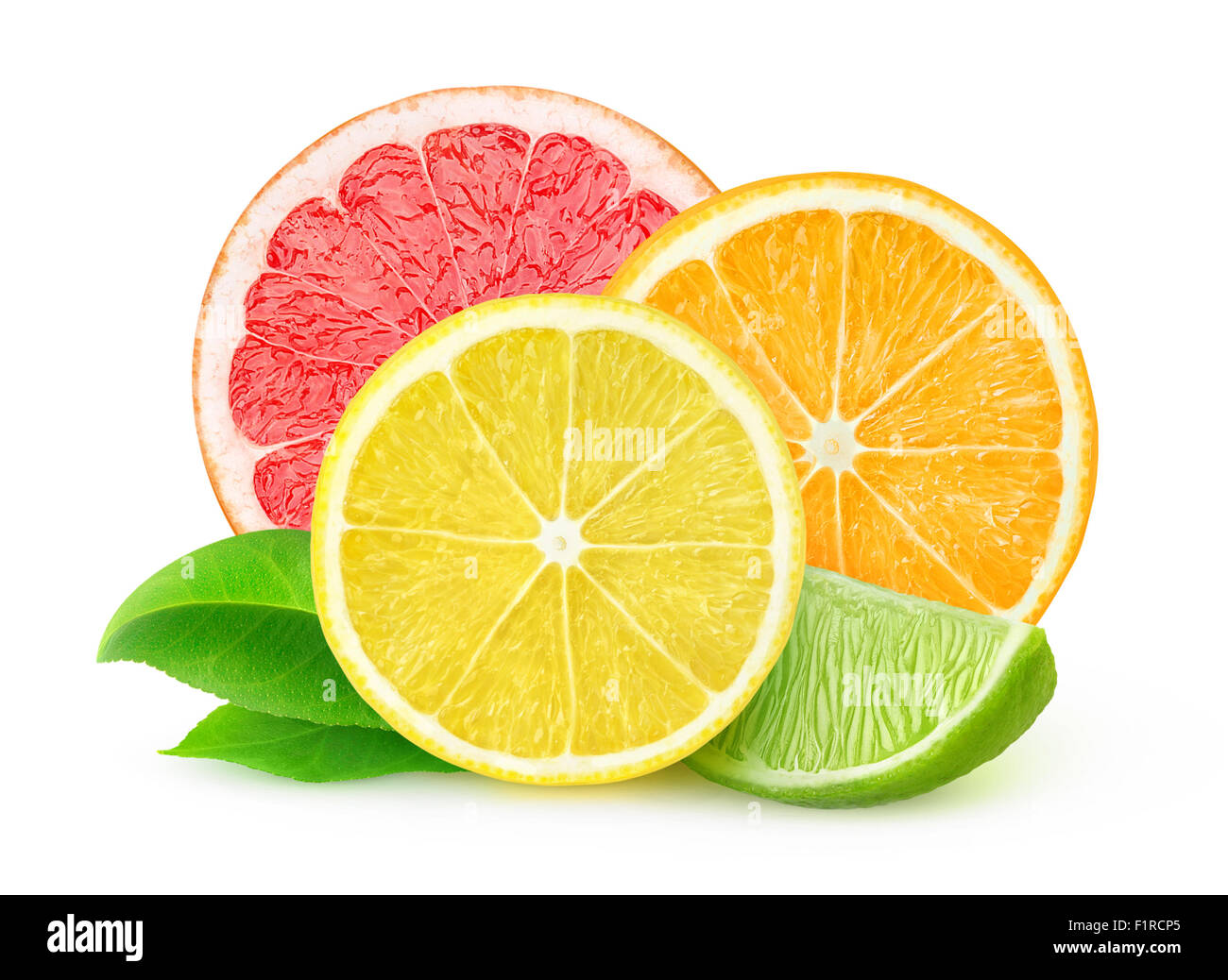 Slices of various citrus fruits isolated on white, with clipping path Stock Photo