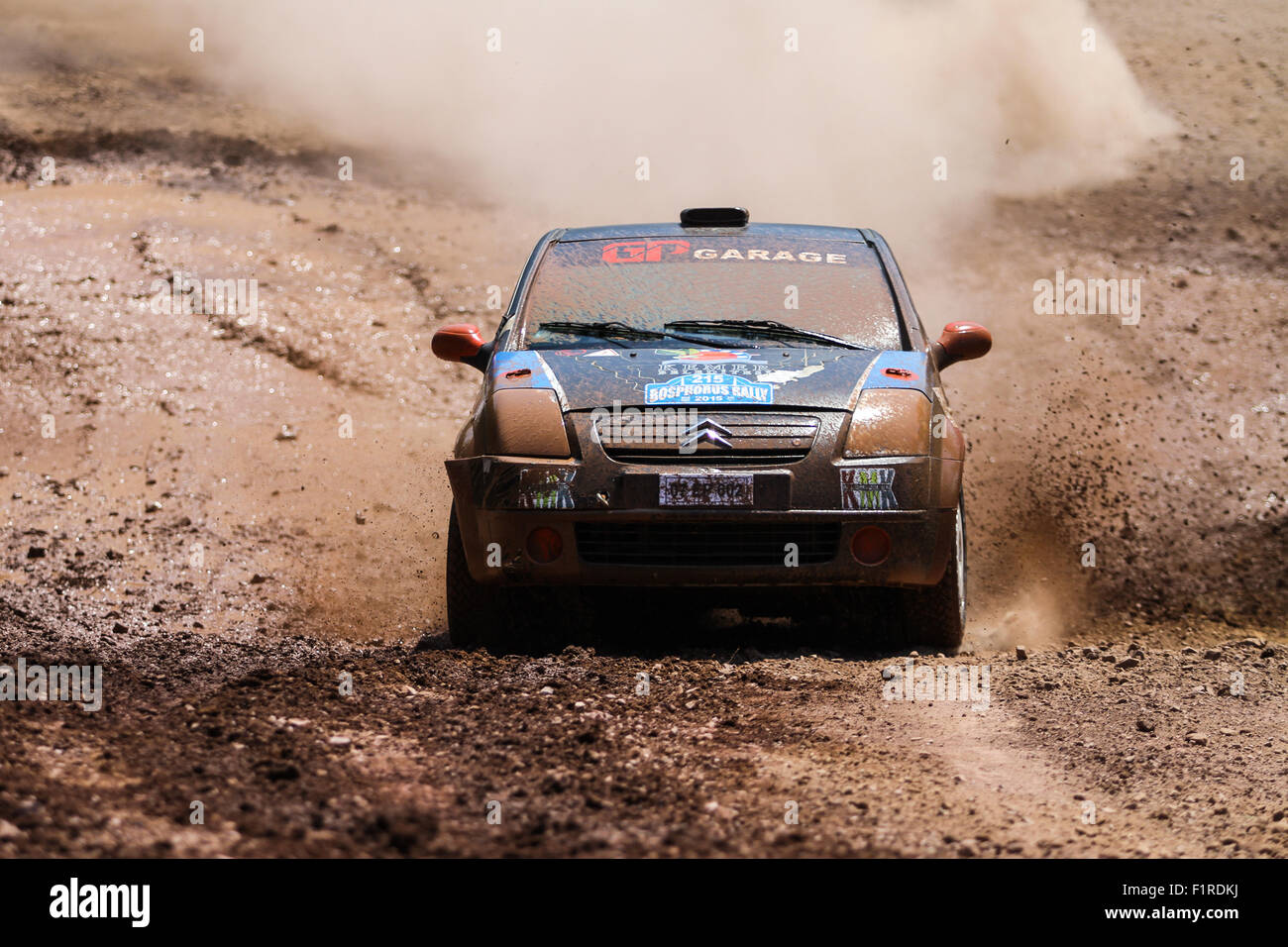 ISTANBUL, TURKEY - JULY 26, 2015: Kenan Kar drives Citroen C2 GT in Bosphorus Rally 2015, Gocbeyli stage Stock Photo