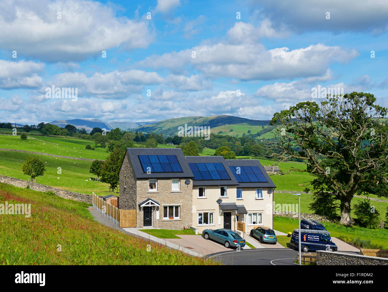 New housing - Fir Tree Rise - with all houses having solar panels, Kendal, Cumbria, England UK Stock Photo