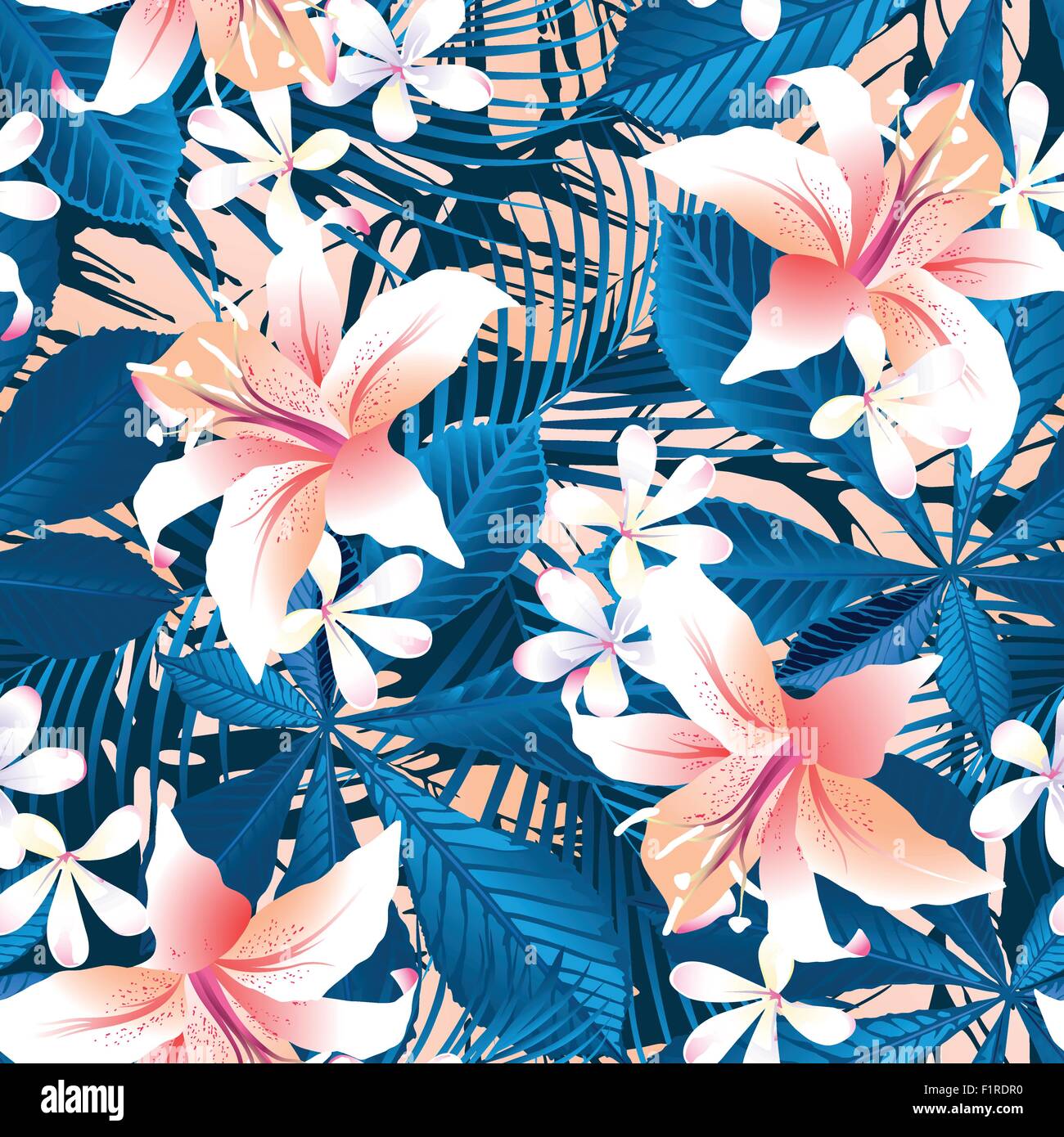 Tropical hibiscus floral 6 seamless pattern . Stock Vector