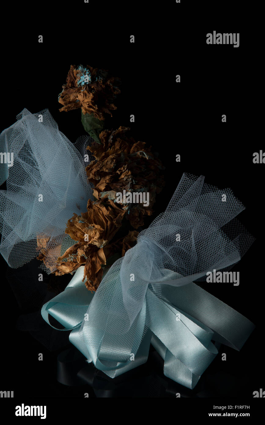 Dried flowers in blue lace and ribbon Stock Photo