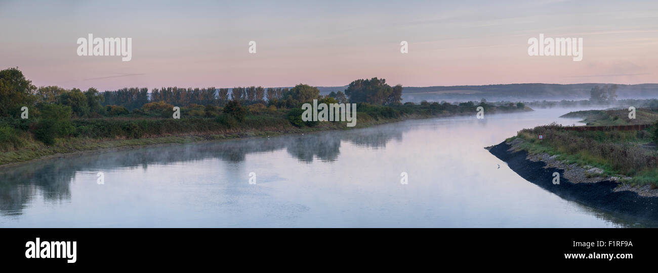 early morning panoramic view showing the river arun looking upstream towards Arundel West Sussex UK. Stock Photo