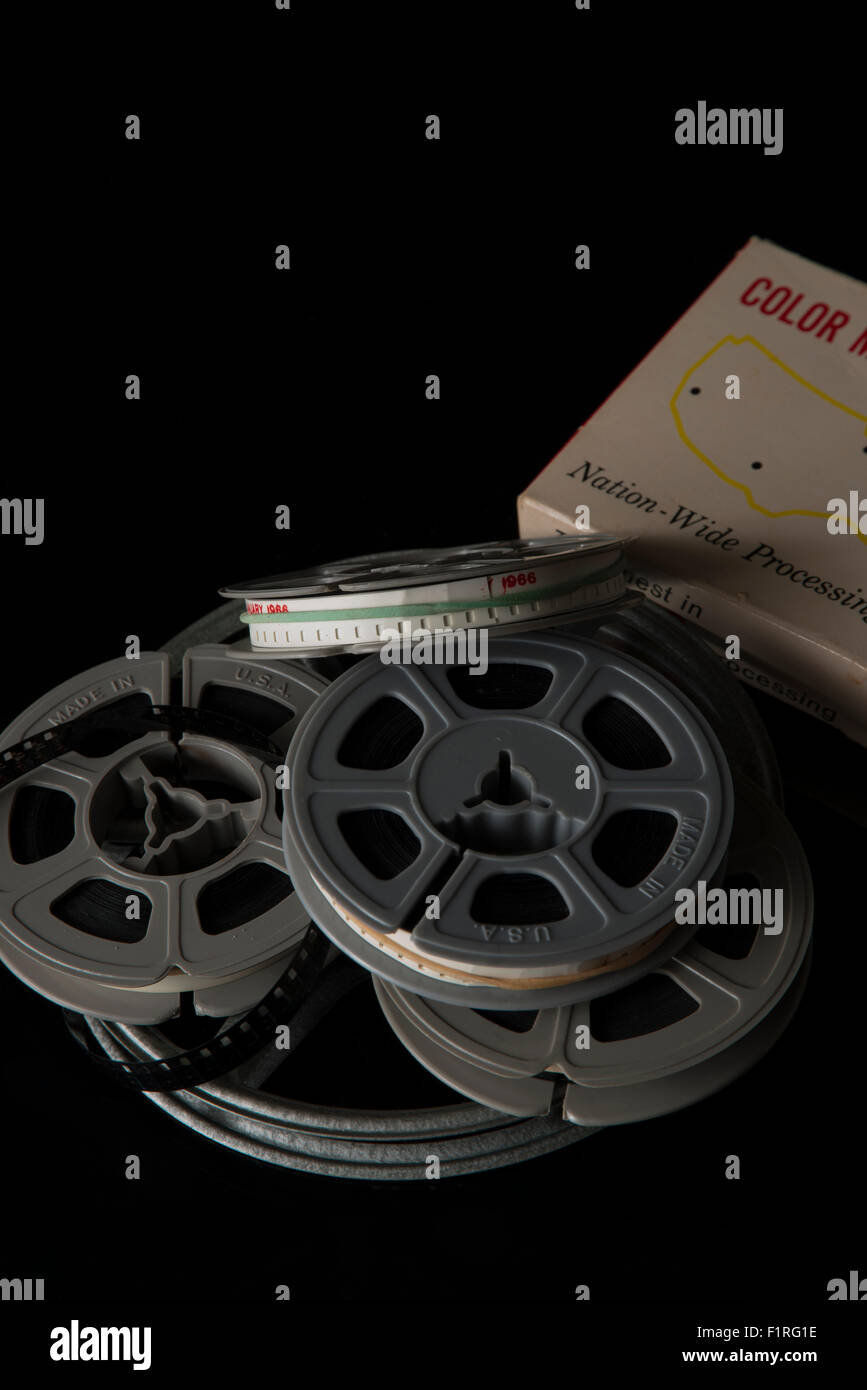 Old 8mm home movie film reels and box Stock Photo