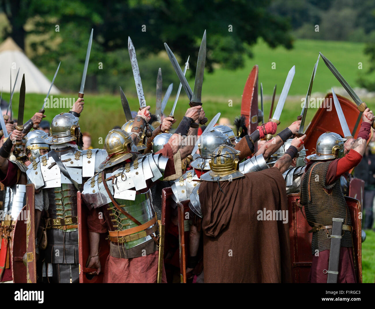 Hadrian's Wall, Cumbria, UK. Around 130 Roman re-enactors from across Italy who form Legio I italica fight the Celts and Barbari Stock Photo