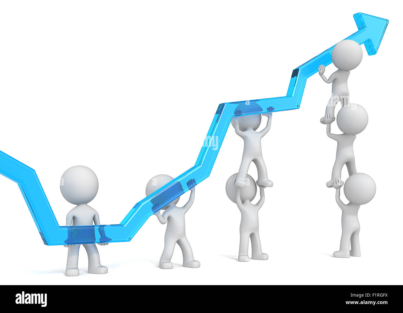 Dude 3D characters X7 business people pushing up Abstract Graph of Blue Glass. Stock Photo