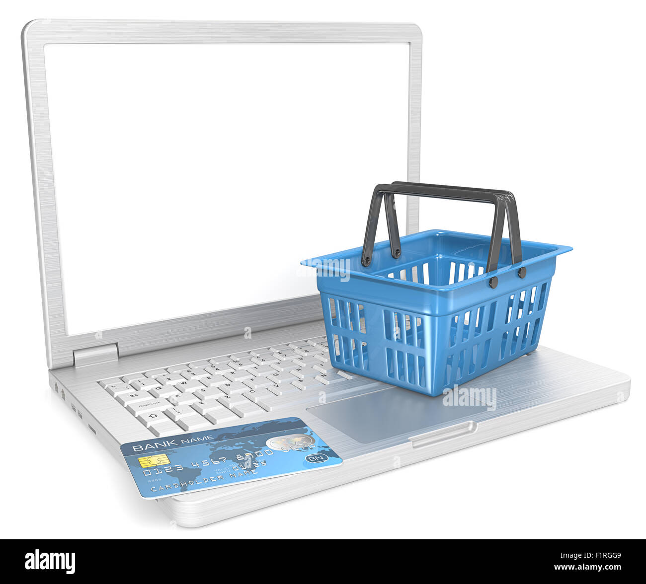 Abstract composition of Laptop with Credit Card and Blue Shopping Basket. Copy Space. Stock Photo