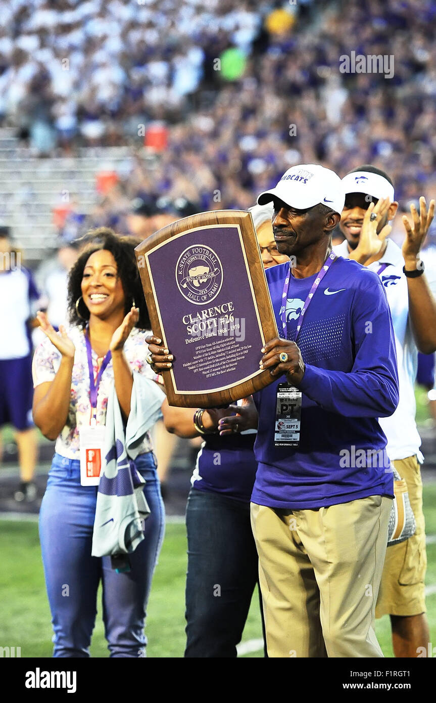Manhattan, Kansas, USA. 05th Sep, 2015. Former defensive back Clarence Scott was inducted into the K-State Hall of Fame during halftime ceremonies during the NCAA Football game between South Dakota Coyotes and Kansas State at Bill Snyder Family Stadium in Manhattan, Kansas. Kendall Shaw/CSM/Alamy Live News Stock Photo