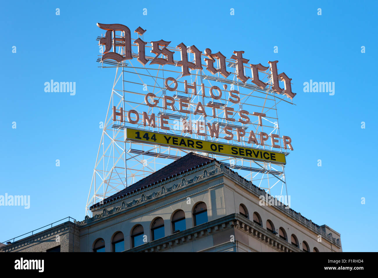 The Columbus Dispatch building and rooftop sign in Columbus, Ohio. Stock Photo