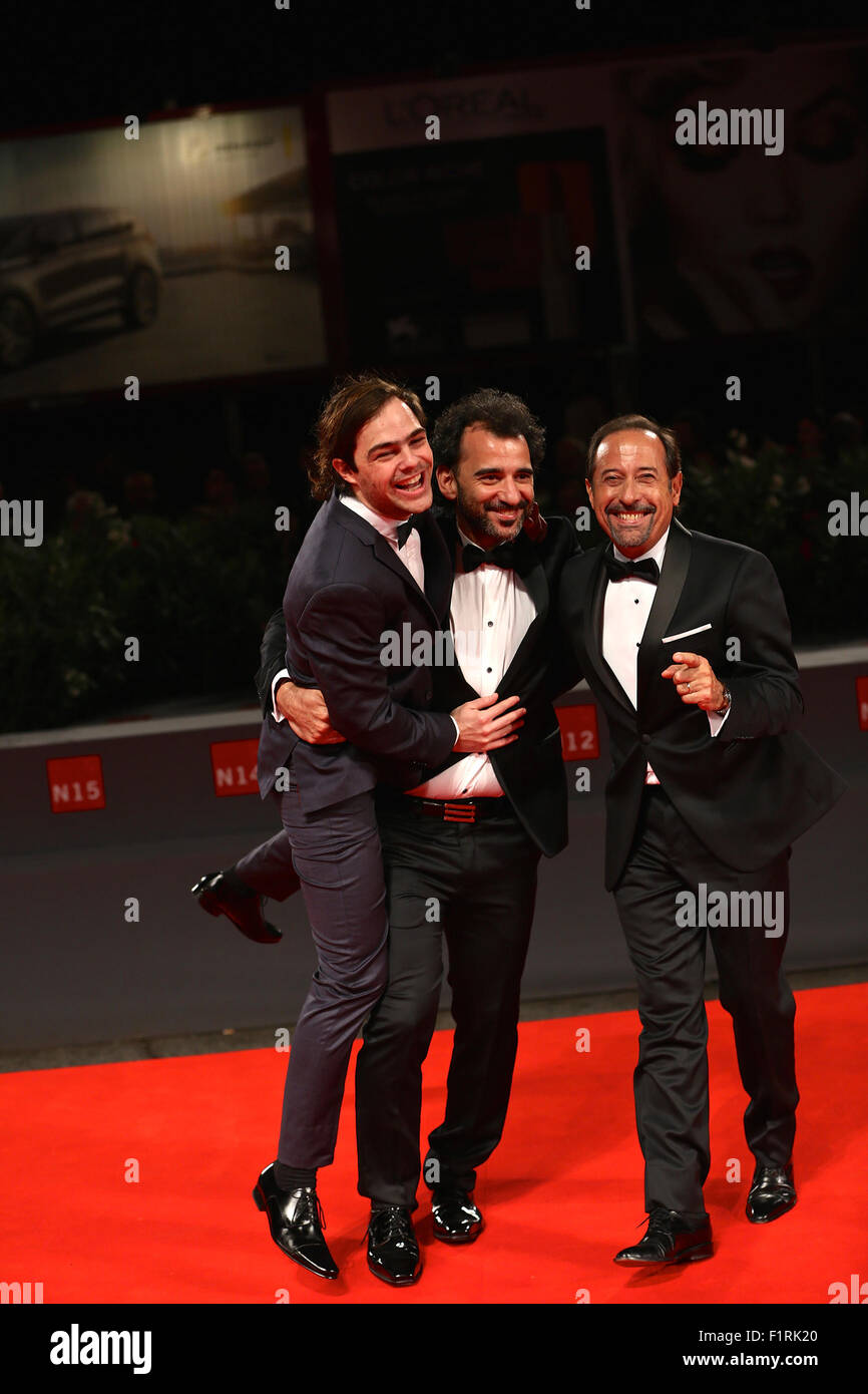Venice, Italy. 6th Sep, 2015. Actor Peter Lanzani (L), Director Pablo (C) and actor Guillermo Francella attend a premiere for 'El Clan' during the 72nd Venice Film Festival in Venice, Italy, on Sept. 6, 2015. Credit:  Jin Yu/Xinhua/Alamy Live News Stock Photo