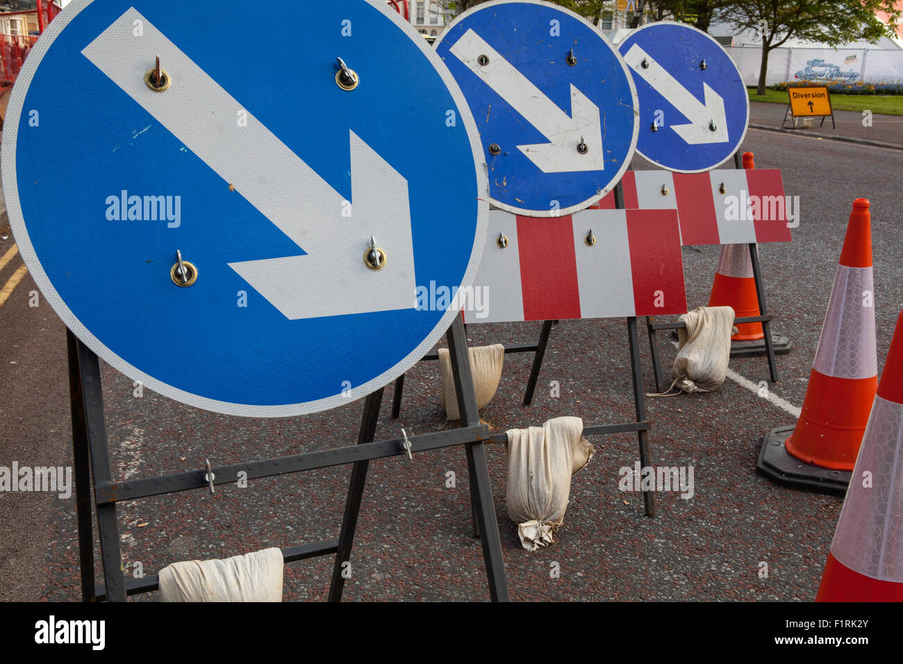 Traffic road signs and cones in Brighton Stock Photo