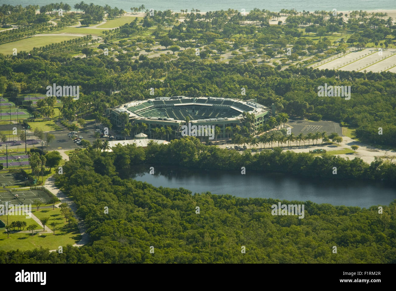 Aerial view of a tennis court at Crandon Park, Key Biscayne, Miami