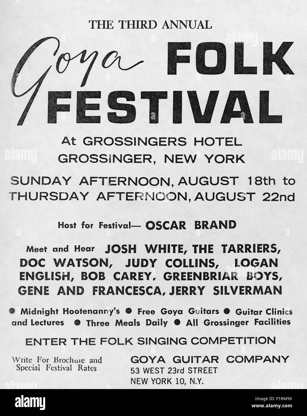 FOLK MUSIC EPHEMERA, circa 1960s. Courtesy Granamour Weems Collection. AD FOR GOYA FOLK FESTIVAL AT GROSSINGER'S HOTEL. Editorial use only. Licensee must obtain appropriate permissions and clearances before using this photo. No rights are granted or implied. Stock Photo