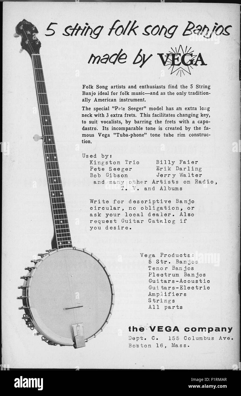 FOLK MUSIC EPHEMERA, circa 1960s.  PRINT AD FOR VEGA BANJOS. Courtesy Granamour Weems Collection. Editorial use only. Licensee must obtain appropriate permissions and clearances before using this photo. No rights are granted or implied. Stock Photo