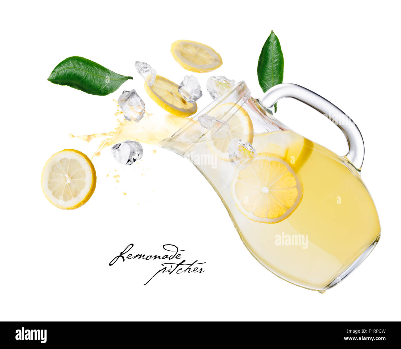 Falling down lemonade pitcher with splashes,lemon slices and ice
