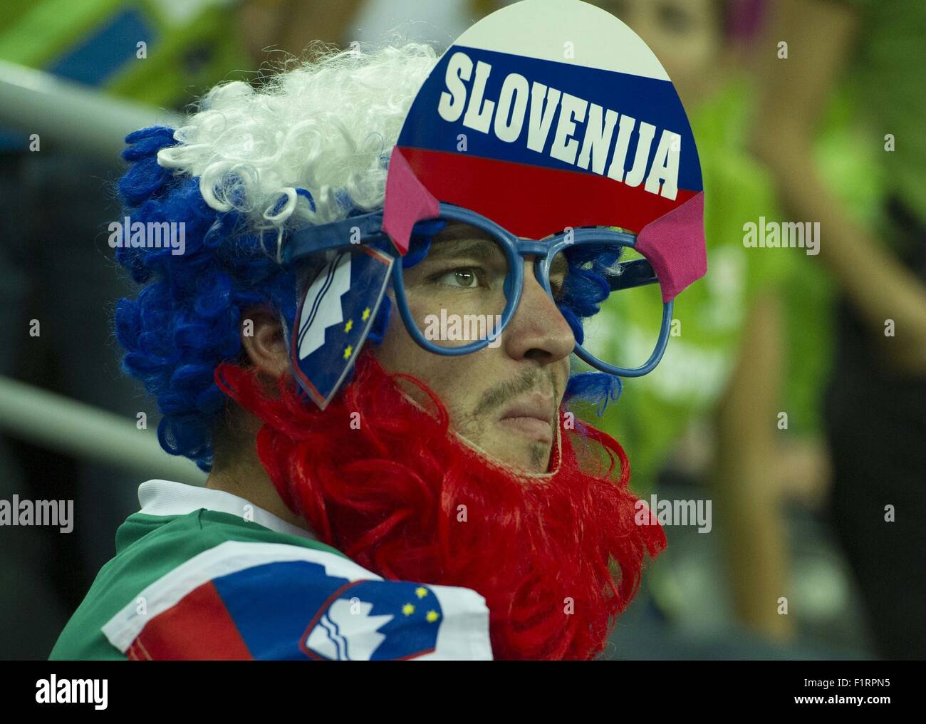 Zagreb, Croatia. 6th Sep, 2015. A fan of Slovenia basketball team reacts during the EuroBasket 2015 Group C match against Georgia at Arena Zagreb in Zagreb, capital of Croatia, Sept. 6, 2015. Slovenia won 79-68. Credit:  Miso Lisanin/Xinhua/Alamy Live News Stock Photo