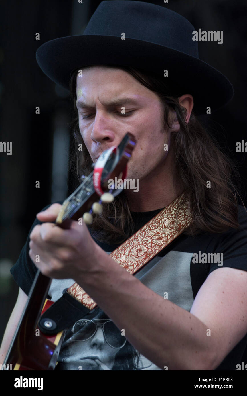 Gibraltar. 6th September, 2015. Singer James Bay was one of the star acts which brought the two day GMF15 to an end. The Gibraltar Music Festival continued into its second and last day with performances from Kings of Leon,Kaiser Chief, Ella Henderson, Rae Morris, Maddess, OMI and James Bay among others. The festival was held at the Victoria Stadium with three main stages seeing performances from local and international artists in a multi million pound mega concert at the British overseas territory of Gibraltar. Credit:  Stephen Ignacio/Alamy Live News Stock Photo
