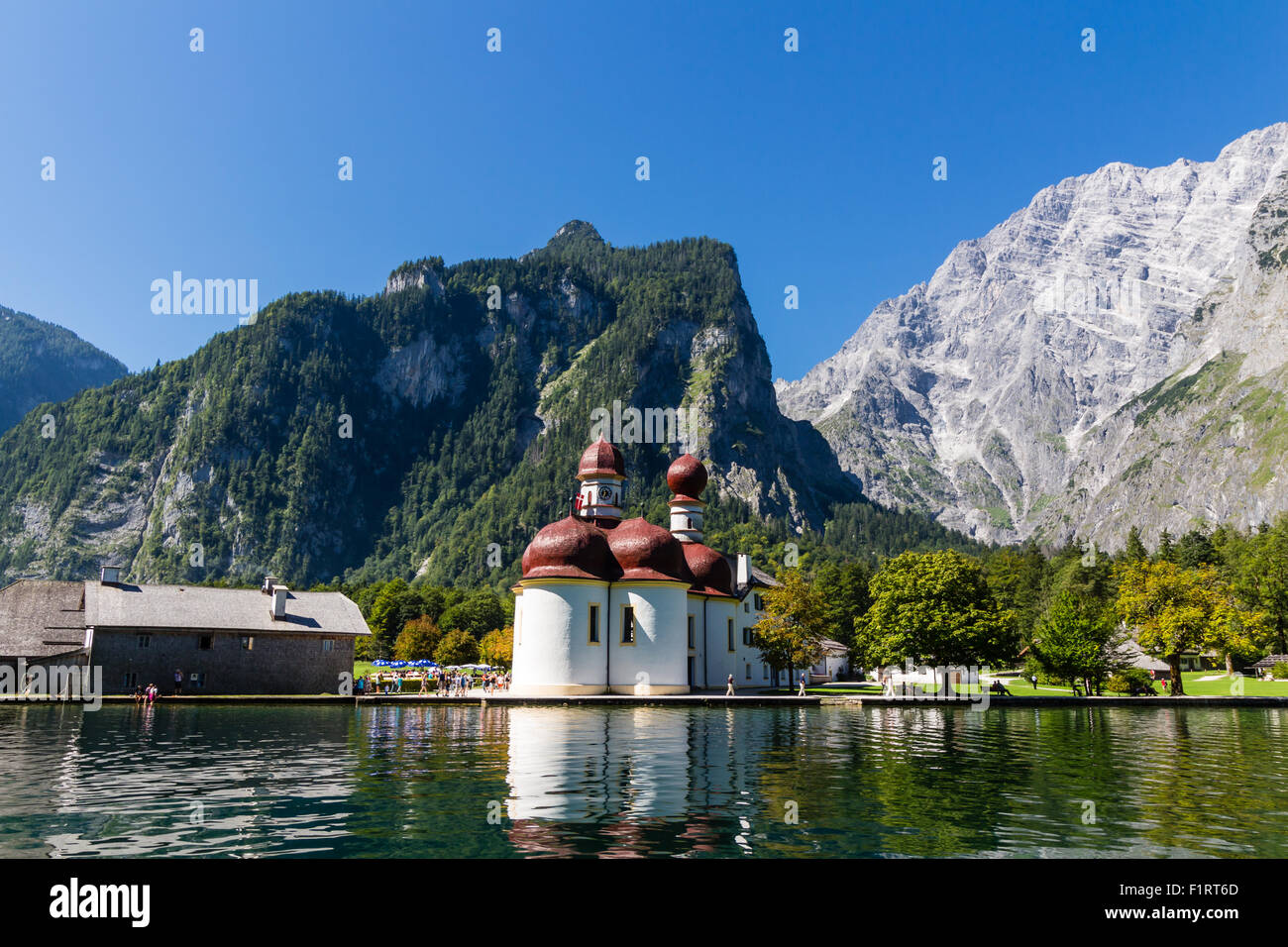 Lake Konigsee in Summer with St. Bartholomew church, Alps, Germany Stock Photo