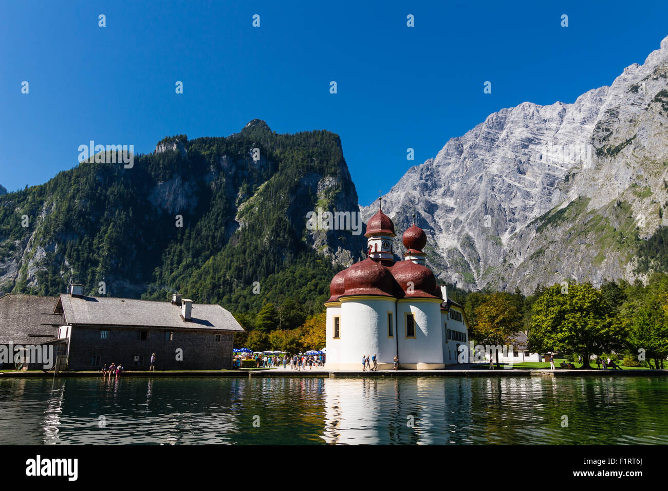 Lake Konigsee in Summer with St. Bartholomew church, Alps, Germany Stock Photo
