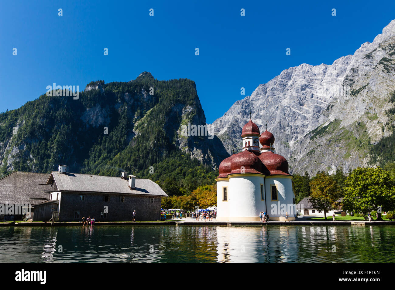 Lake Konigsee in Summer with St. Bartholomew church, Alps, Germany Stock Photo