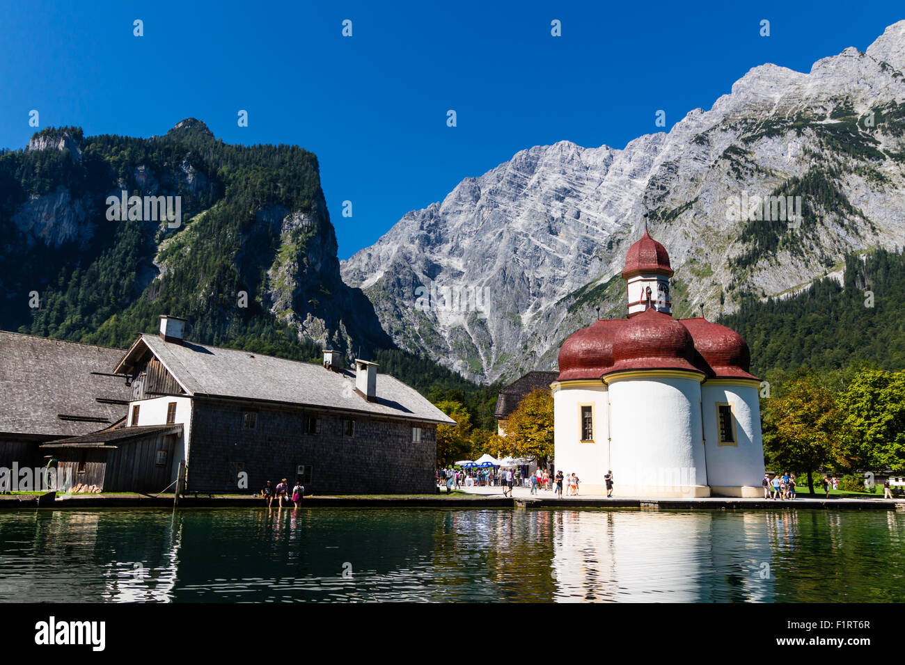 Lake Konigsee in Summer with St. Bartholomew church, Alps, Germany Stock Photo