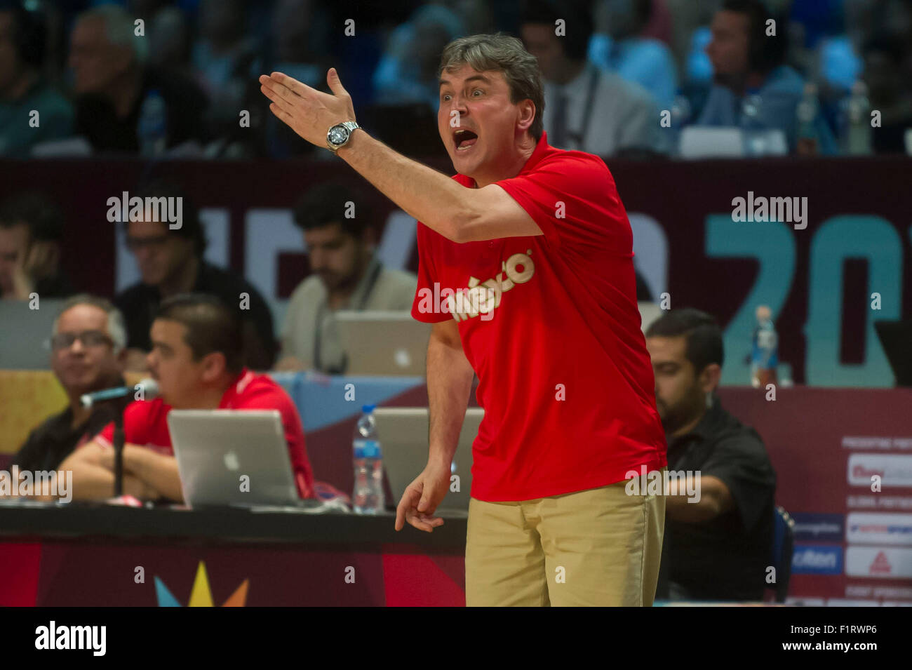 Mexico City, Mexico. 6th Sep, 2015. Mexico's head coach Sergio Valdeomillos reacts during the match against Puerto Rico at the FIBA Americas 2015, held in the Palacio de los Deportes, in Mexico City, capital of Mexico, on Sept. 6, 2015. Mexico won the match. Credit:  Oscar Ramirez/Xinhua/Alamy Live News Stock Photo