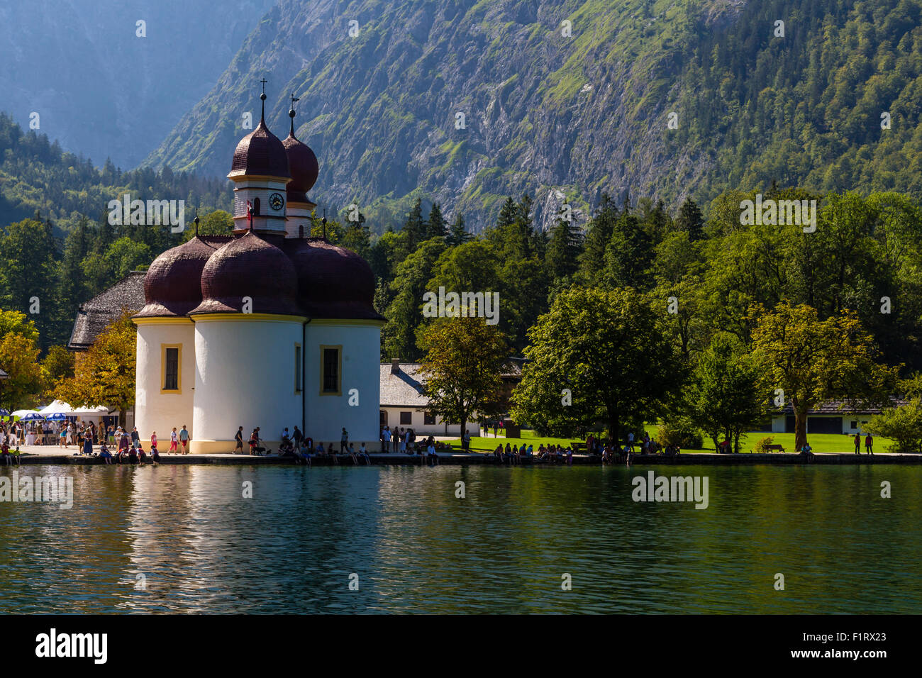 Lake Konigsee in Summer with St. Bartholomew church, Alps, Germany Stock Photo