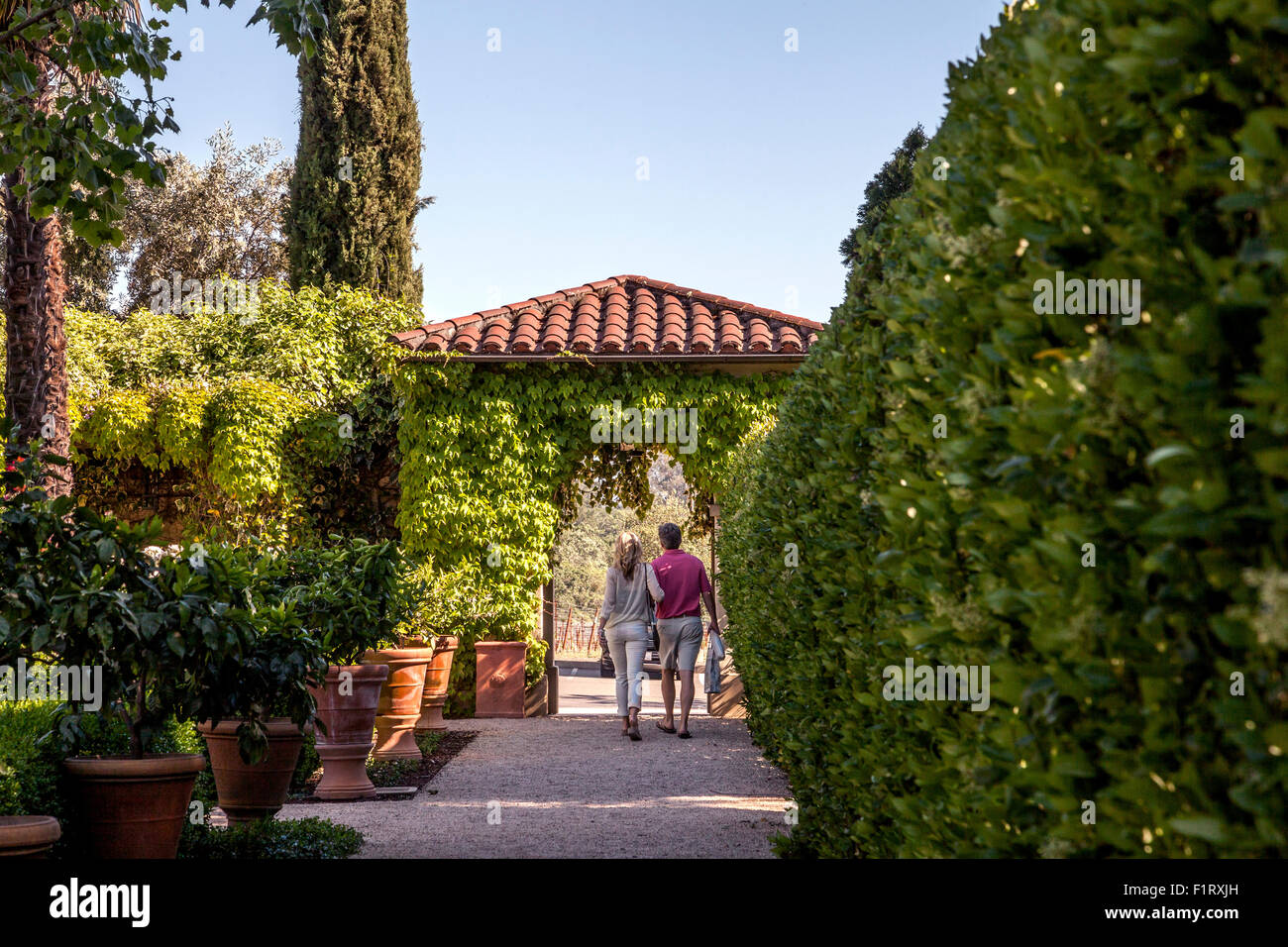 Couple walking inside the garden of Chateau St. Jean Estate vineyards and winery, Kenwood, Sonoma, California, USA Stock Photo