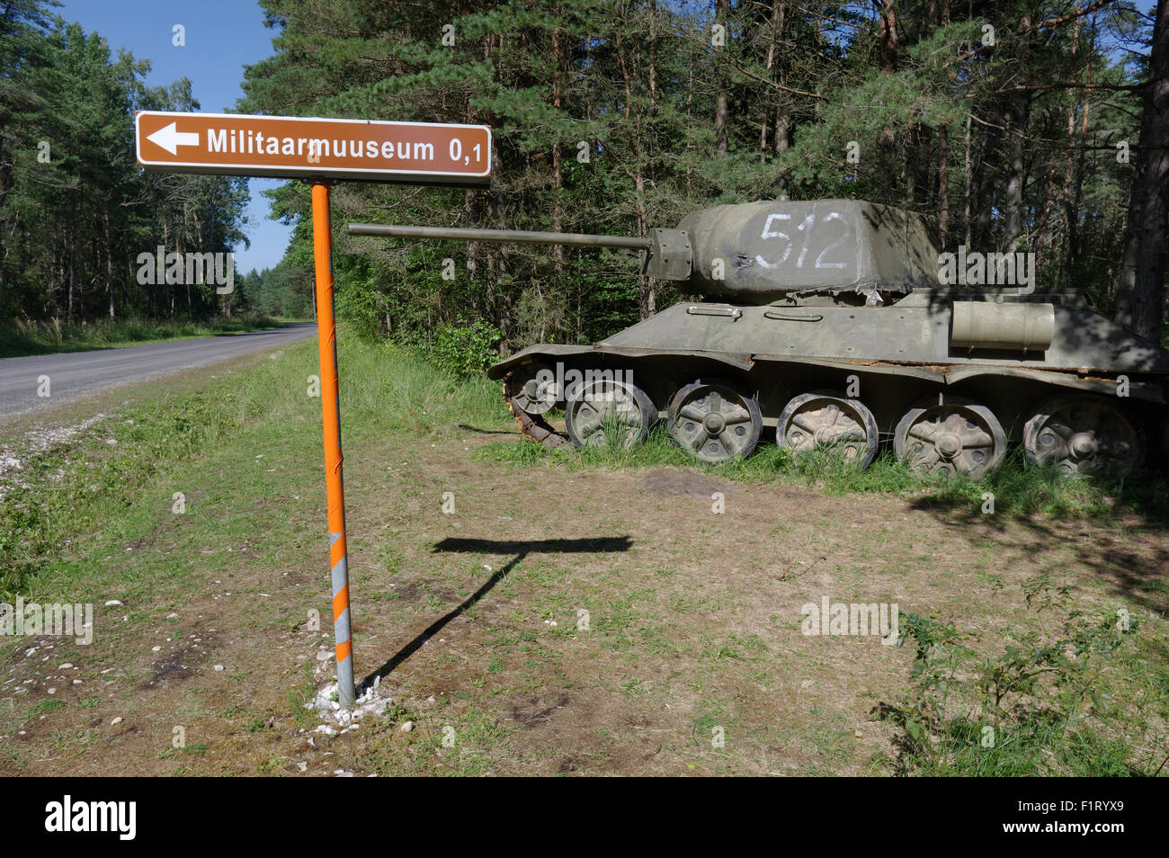 Guide-post to Hiiumaa Military Museum. Maquette of the Main Soviet battle tank T- 34. Hiiumaa, Estonia 06th August, 2015 Stock Photo