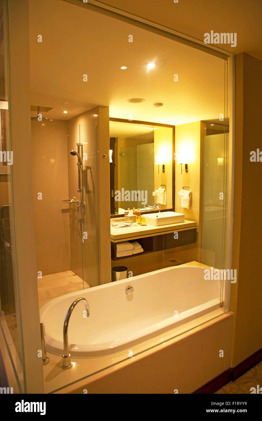 Hotel bathroom with amenities and shower Stock Photo