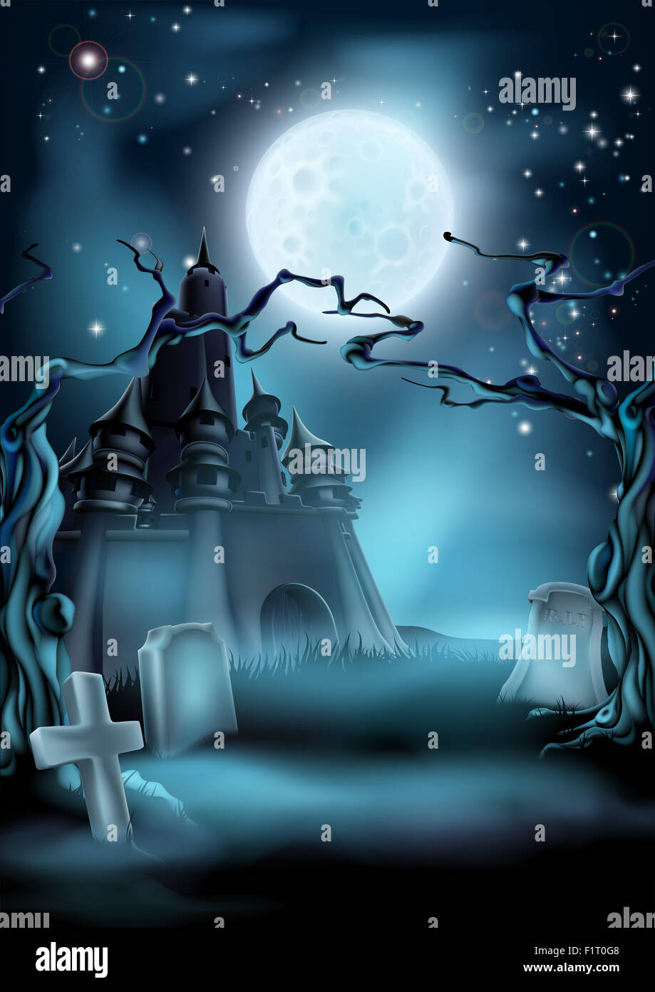 Halloween scary castle graveyard background with a spooky haunted castle, spooky trees and graves and a full moon Stock Photo