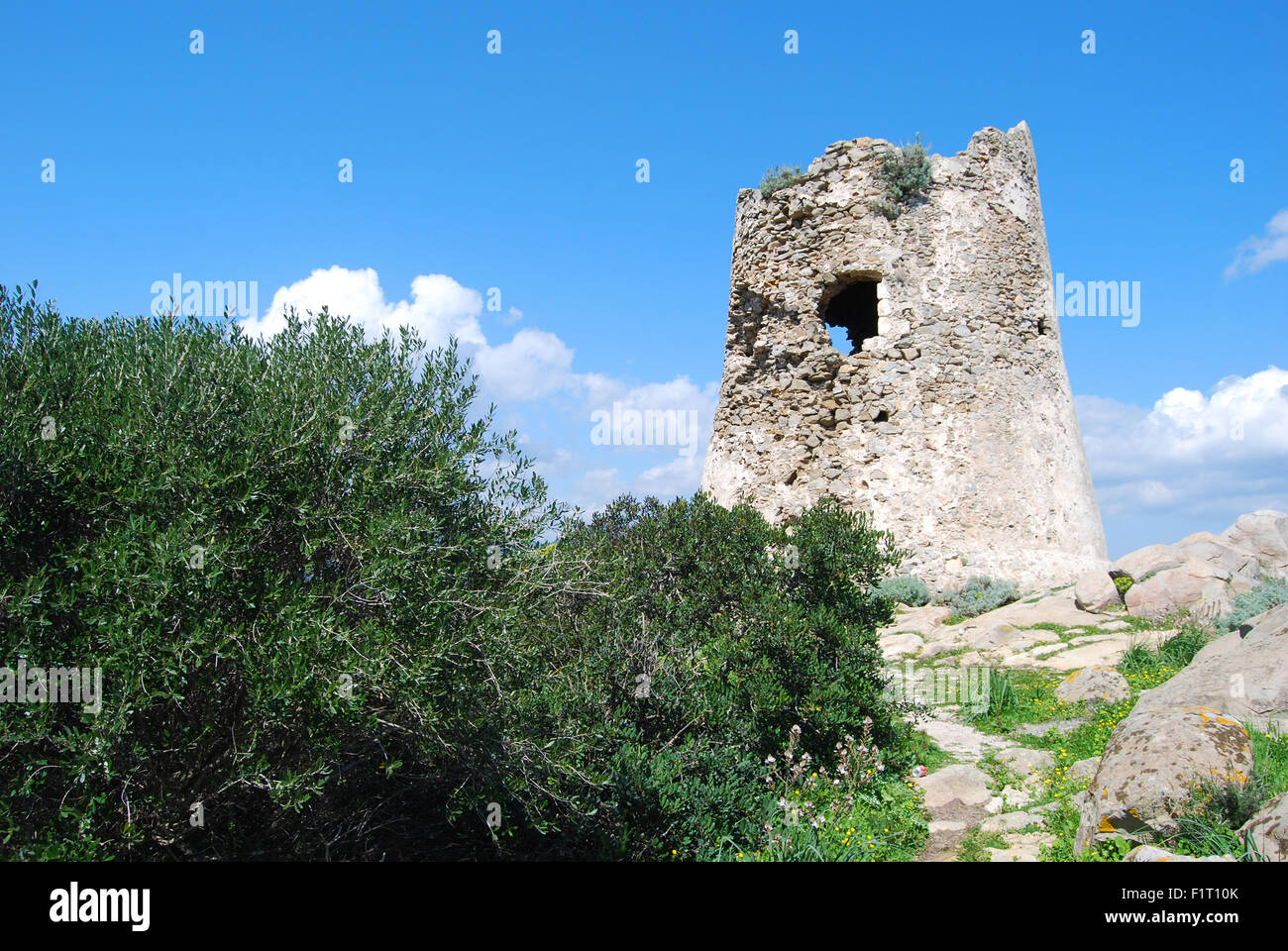Background of spanish ancient toer of Porto Giunco in Villasimius (Sardinia)_landscape Stock Photo